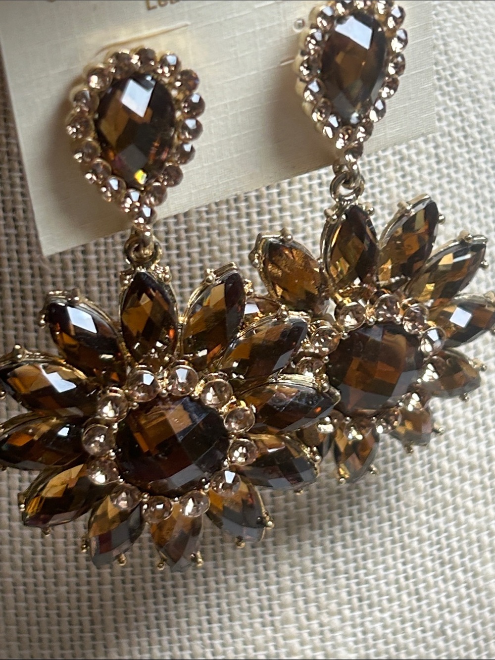 Gold-Tone Brown Crystal Floral Drop Earrings